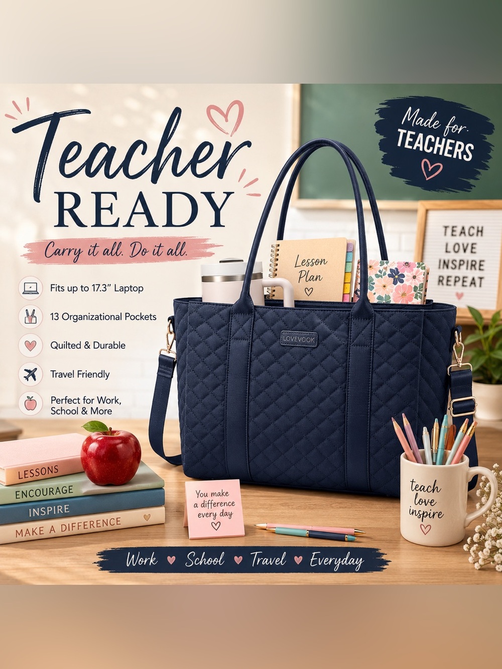 LOVEVOOK Navy Blue Quilted Laptop Tote Bag 17.3” Travel Work Teacher Bag
